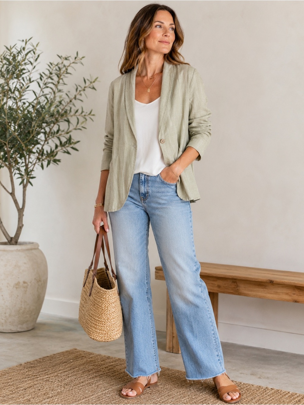 Light Sage Single-Button Blazer Jacket - Women's